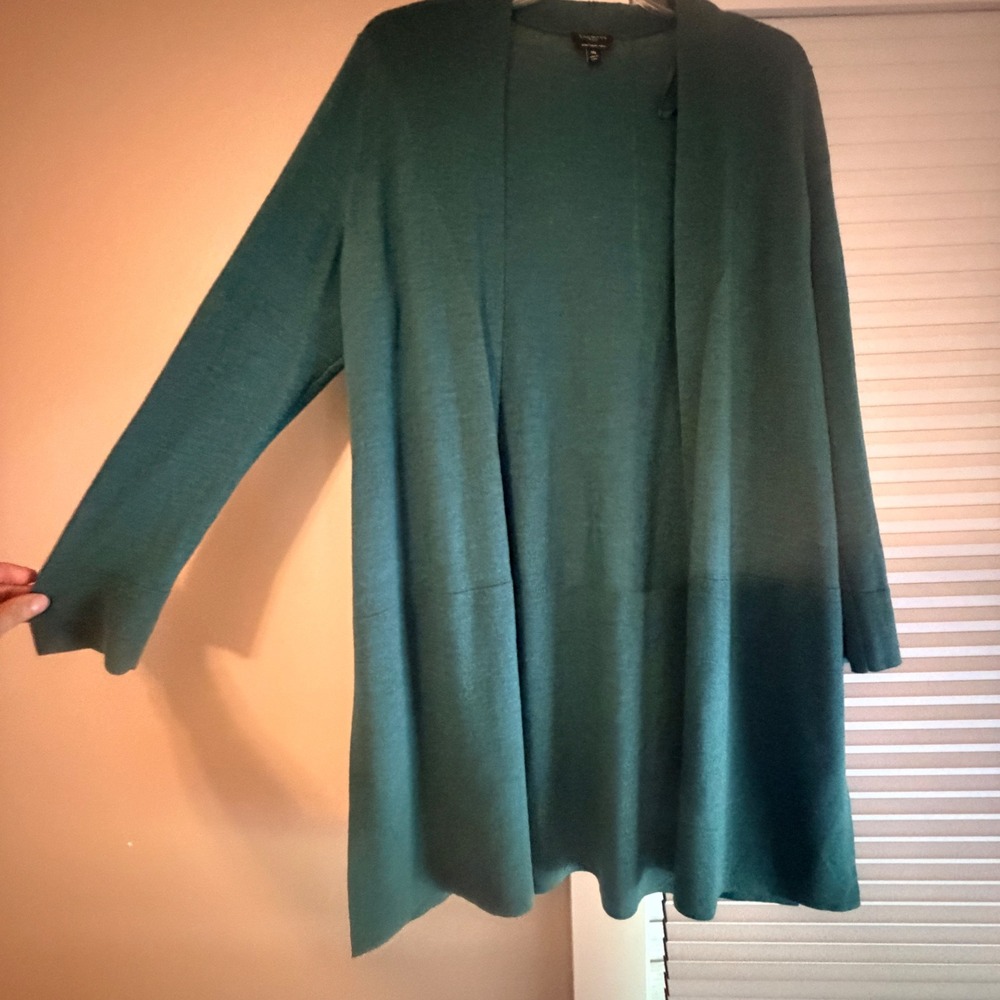 Talbots Cardigan Sweater Women PM Green Long Open Front Stretch Minimalist Indie
